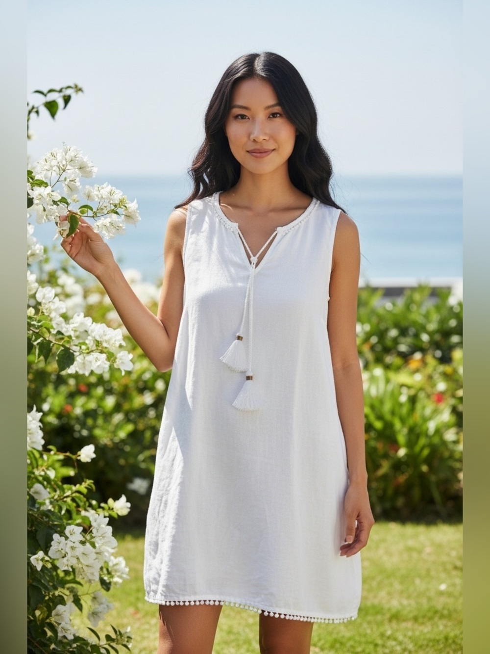 Tommy Bahama White Sleeveless Tassel-Trim Dress